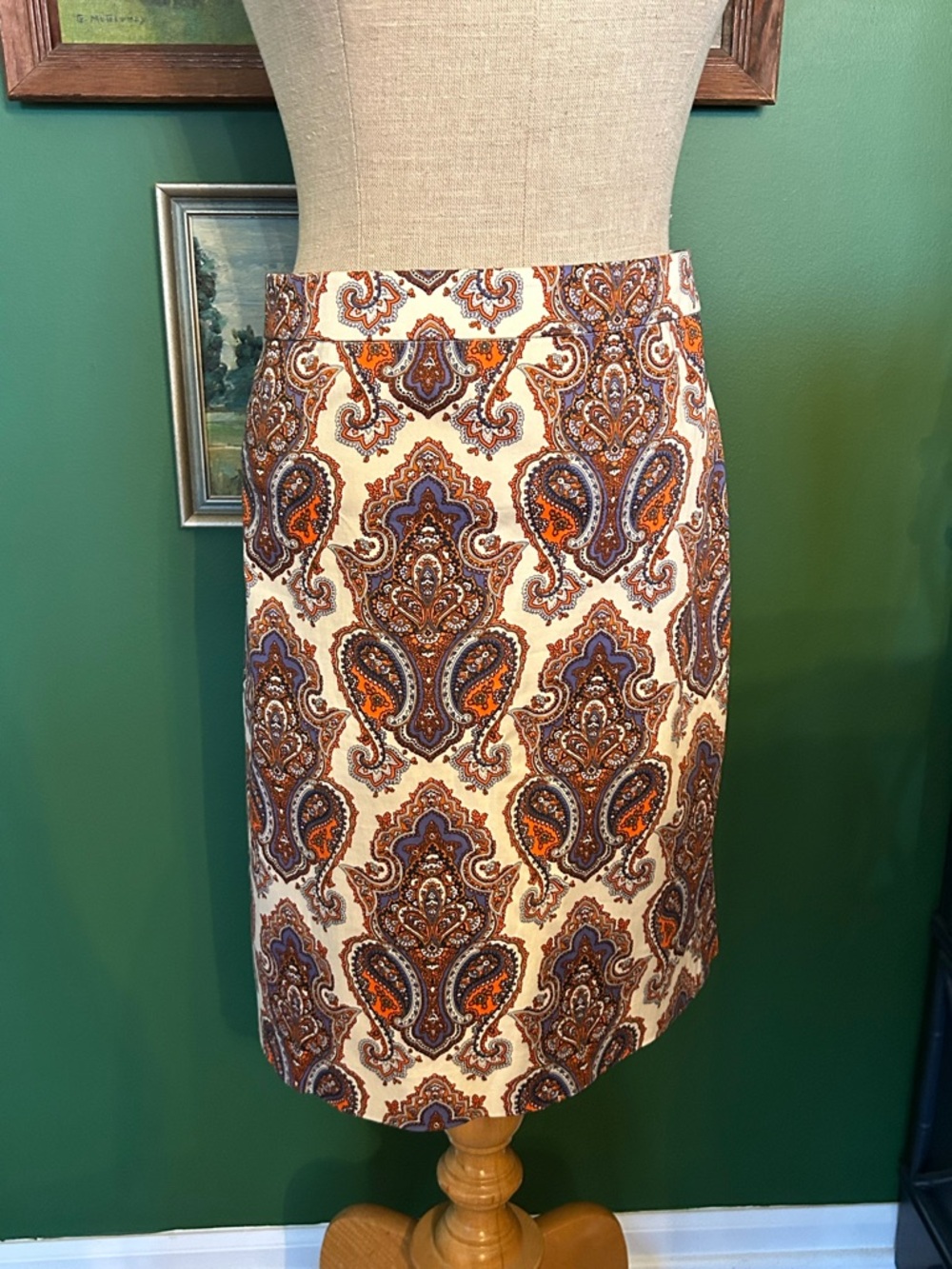 J. Crew Cream Paisley Pencil Skirt with Orange and Purple Accents